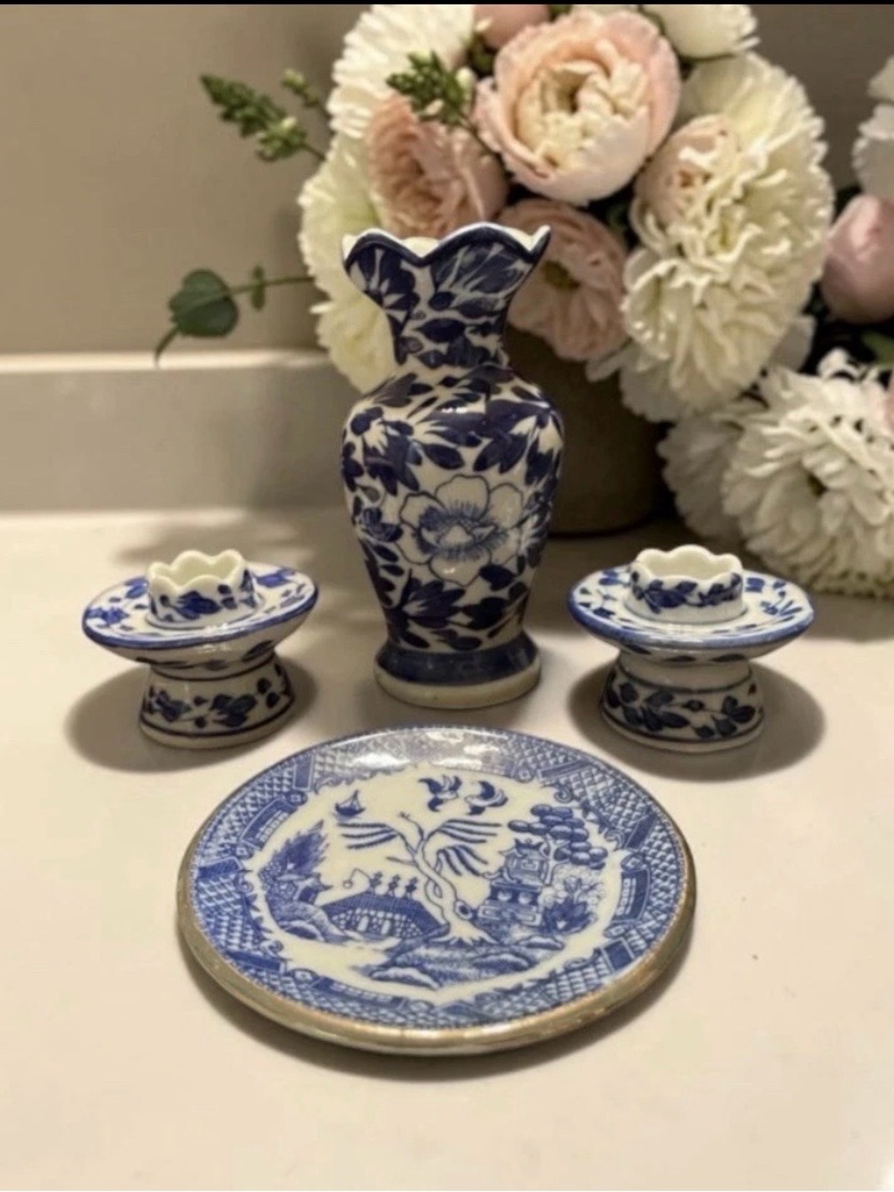 Vintage Mini Blue White Chinoiserie Ceramic Vase Plate Candle Holder Set
